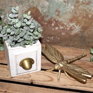 NEW Shabby Distressed White Planter Box w/Eucalyptus & Gold Dragonfly Decor